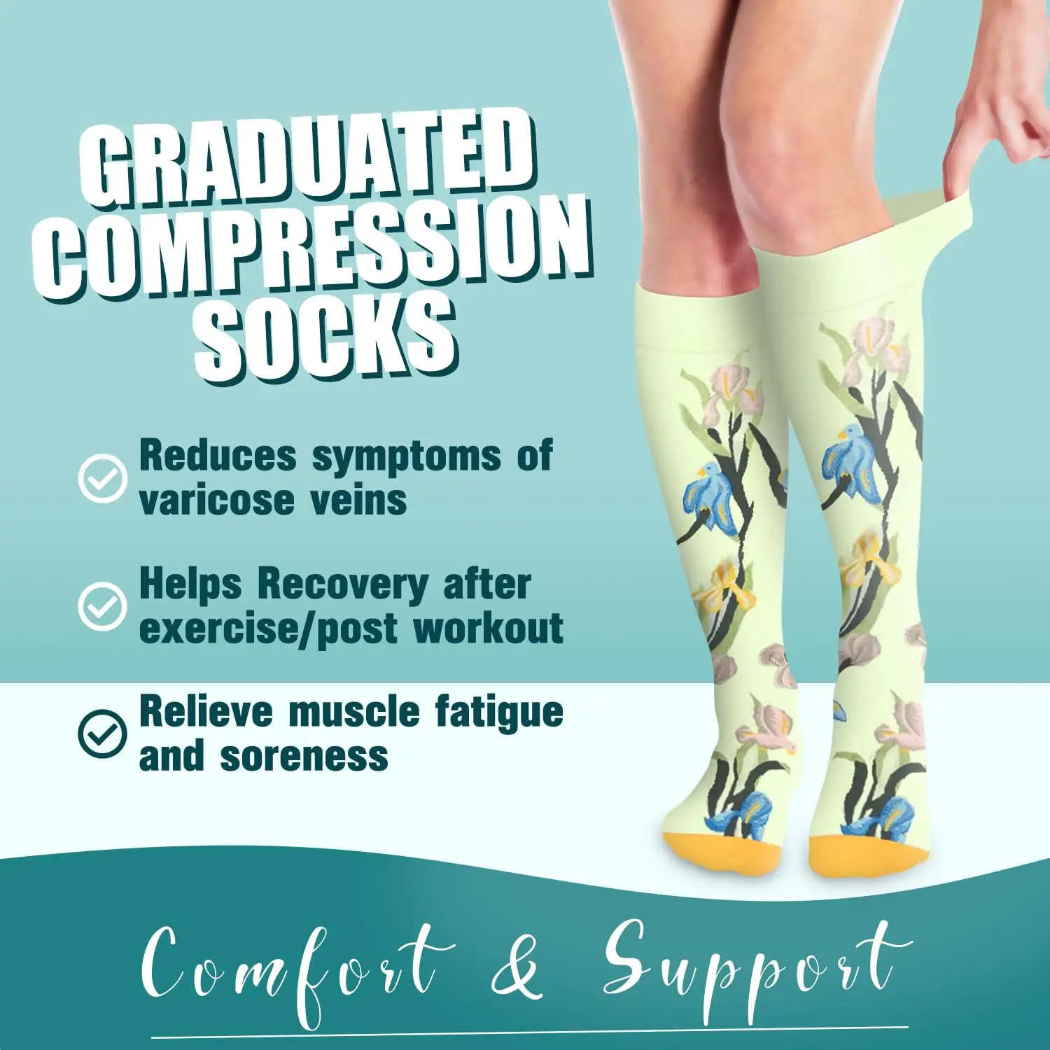 Custom Print Quick Dry Sport Print Graduated Circulation Copper Floral Nurse Medical Compression Socks