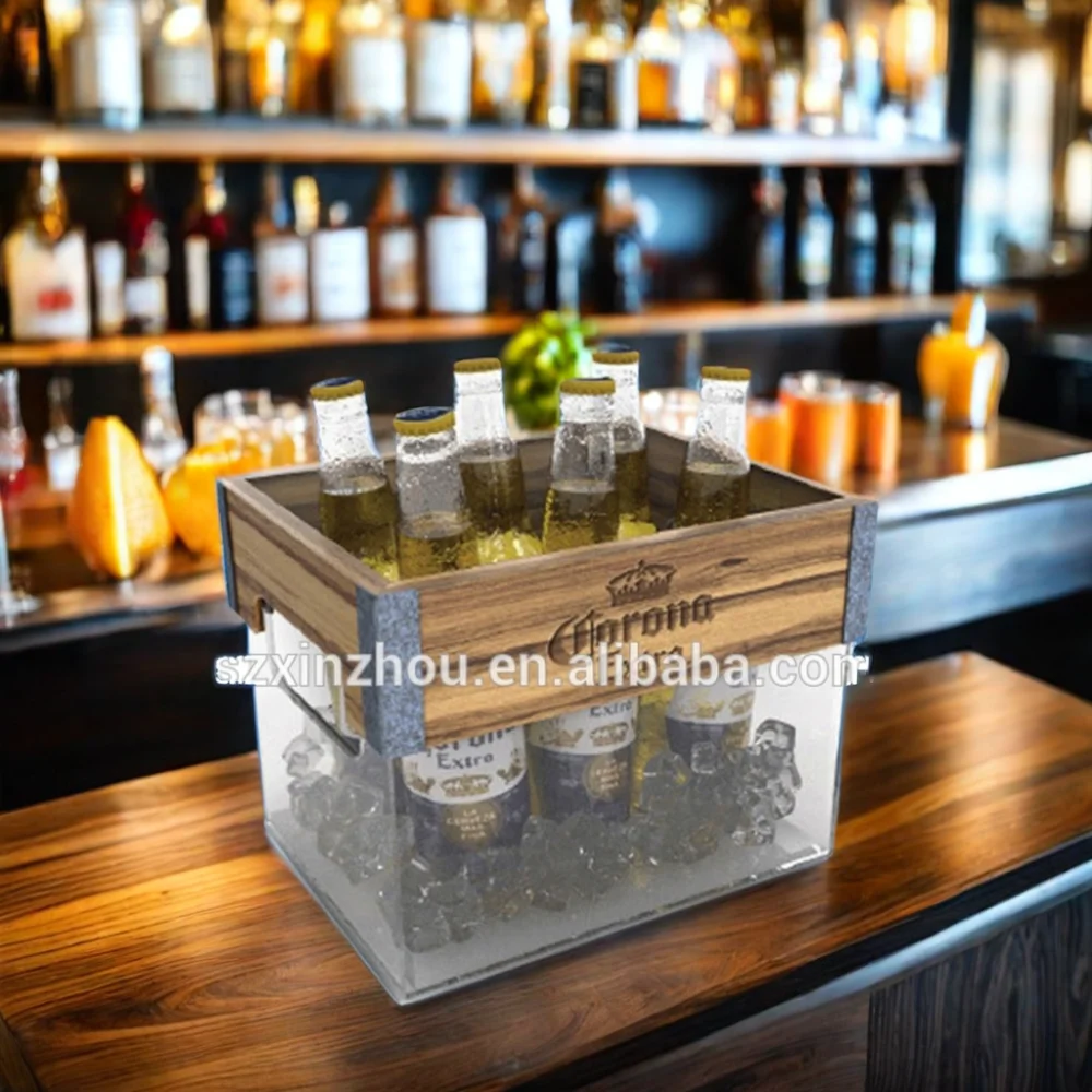 Custom Rustic Wood Trough Wine Chillers For Ice Mold Square Wine Beer