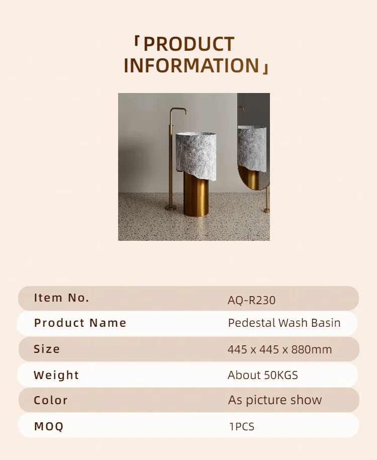 New Style Luxury Golden Stainless Steel Pedestal and Artifical Stone Art Wash Basin Combination Bathroom Free Standing Sink