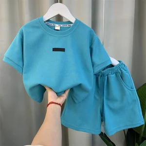 Fashion Designer Luxury Oversized Waffle Cotton T Shirt and Shorts Summer Clothing Set Kids Boy Girl Outfits Kids Clothing