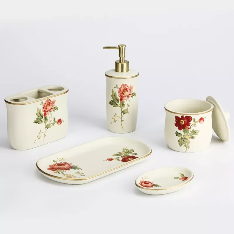 Custom Bathroom Accessories Set Vanity Tray Soap Dish Lotion Dispenser Toothbrush Holders Cotton