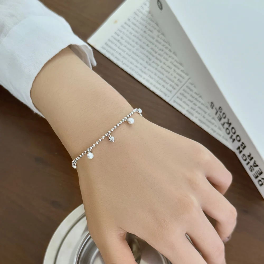 KAKODIY Grace Design Beautiful 925 Sterling Silver Rhodium Plated Bead Chain Love Pearl Multi Pendant Bracelet for Women detail 2