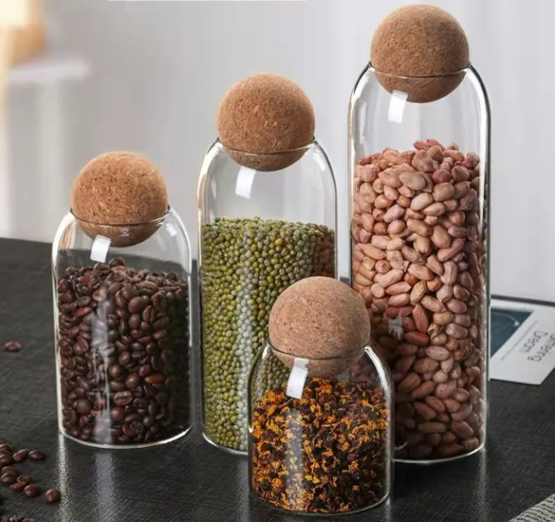 Transparent Borosilicate Glass Storage Jar Cork Ball Lid Stopper 500ml 800ml 1200ml Capacities Safe Fresh Food Container Bamboo