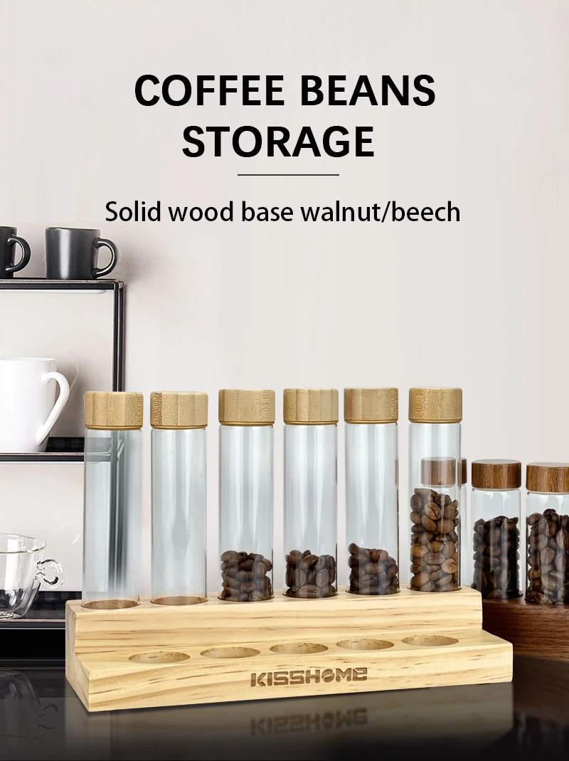 Custom Barista Tools Accessories Canister Sealed Glass Single Dose Coffee Tubes Walnut Set For