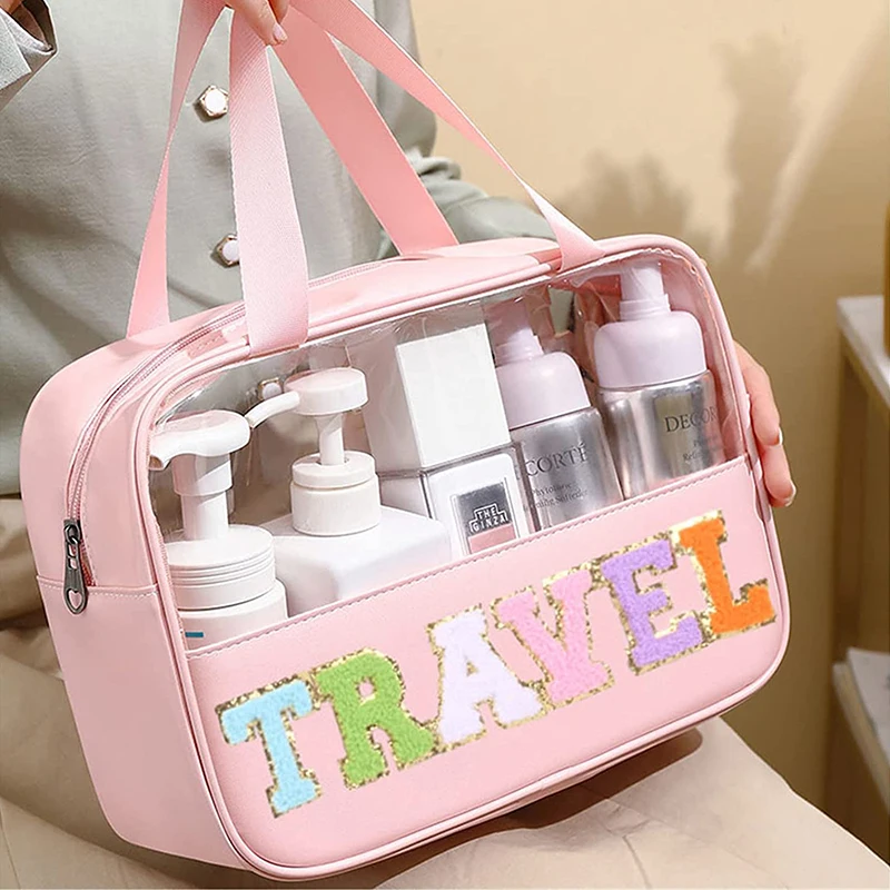 Clear Chenille Patches Transparent Waterproof Toiletry Storage Cosmetic Pouch Clear PVC Makeup Bag