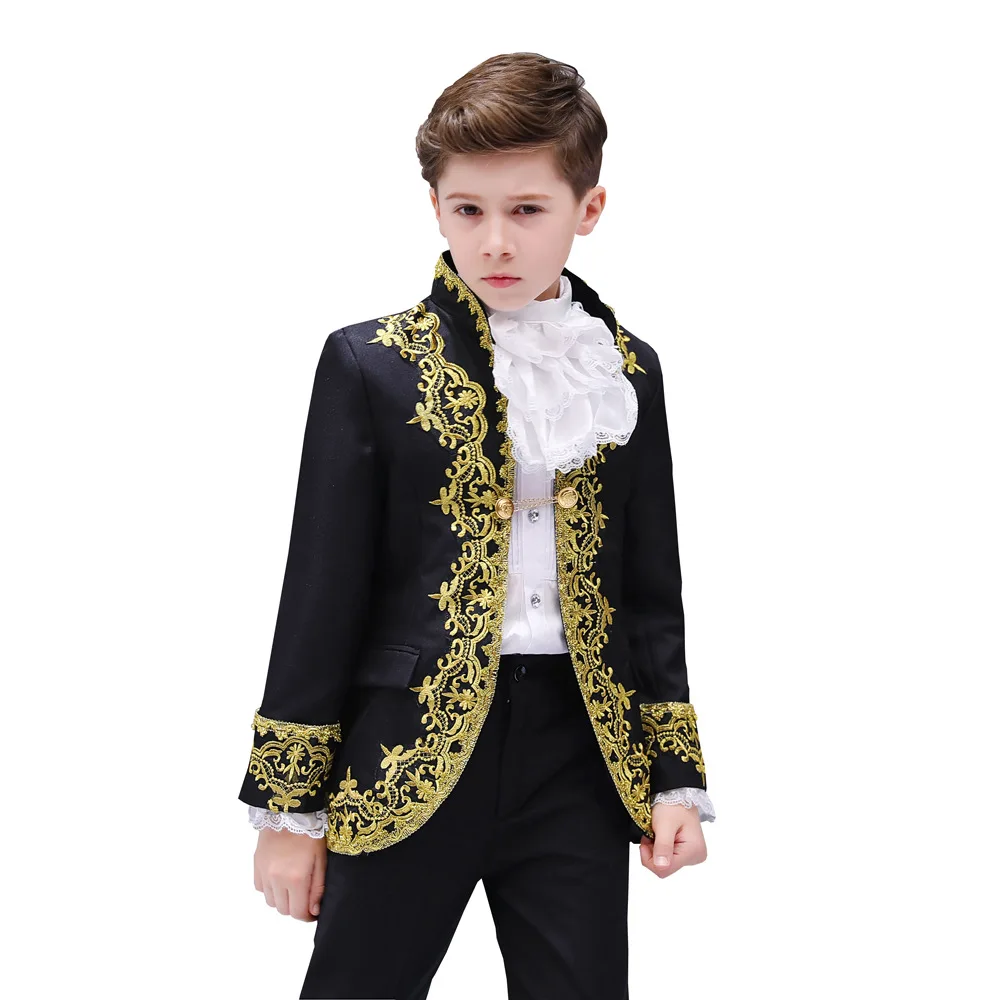 Victorian Prince Costume Suits Blazer Child Halloween Jabot Tie Outfit Cosplay Uniform Lace Jacket Coat for Kid Boys
