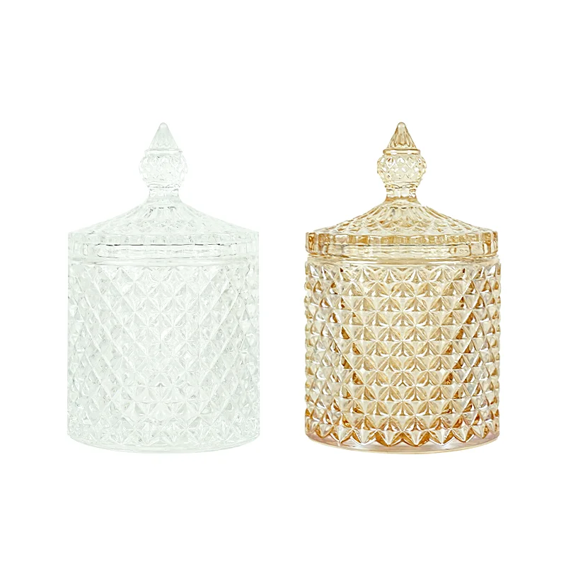 Elegant Diamond Patterned Premium Glass Candle Jars with Lids for Aesthetic Home Decor