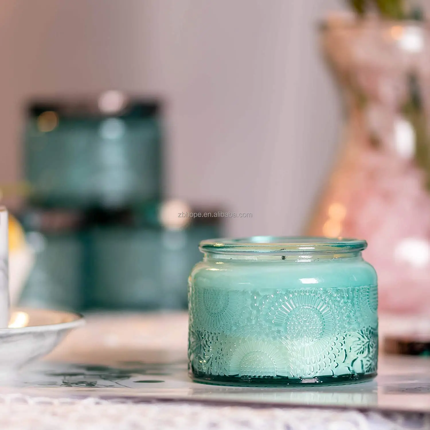 Blue Glass Candle Jar Round Container With Lid For Party Home