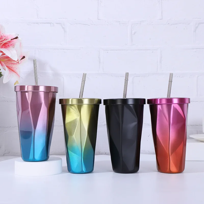 GZYSL RTS Custom 16OZ Color Changing Irregular Diamond Double Wall Insulated Stainless Steel Tumblers With Straw