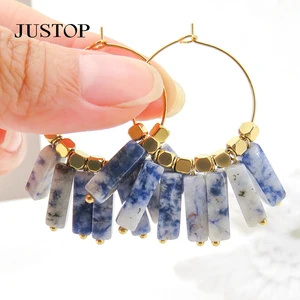 Trendy Bohemia Retro Geometric Rectangular Pendant Hook Earrings Natural Stone Stainless Steel Fashion Drop Design