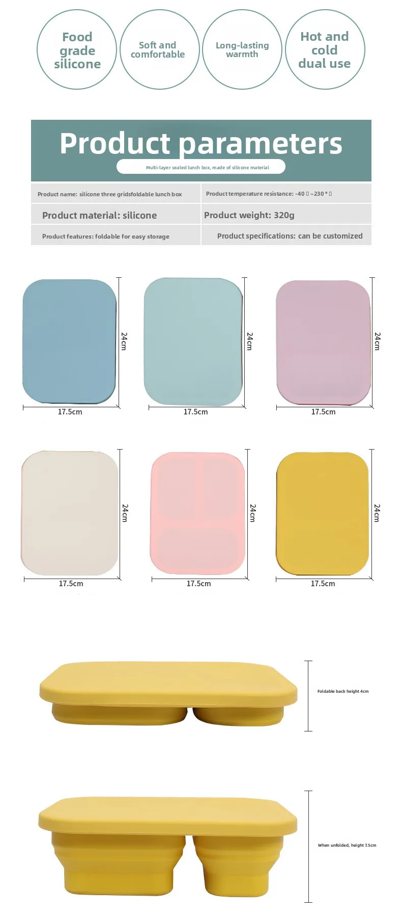 Customized Foldable Portable Silicone Lunch Box Food Grade Drop Resistant Heatable Microwavable Preservation for Outdoor Picnic supplier