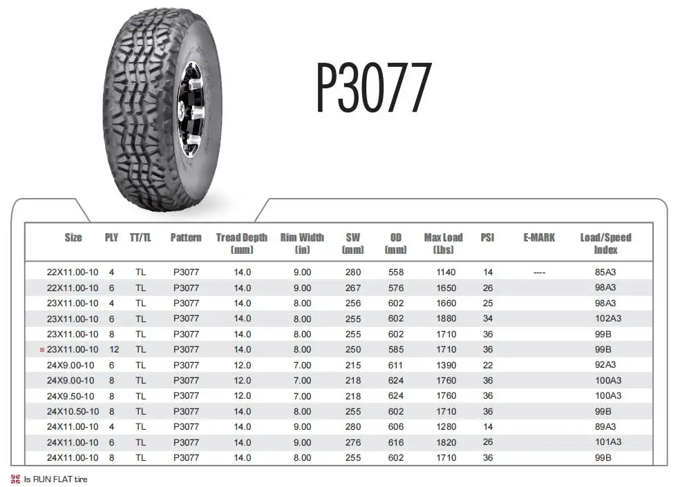 Wanda Load Type Atv P3077 22x11-10 23x11-10 24x9-10 24x11-10 Run Flat 