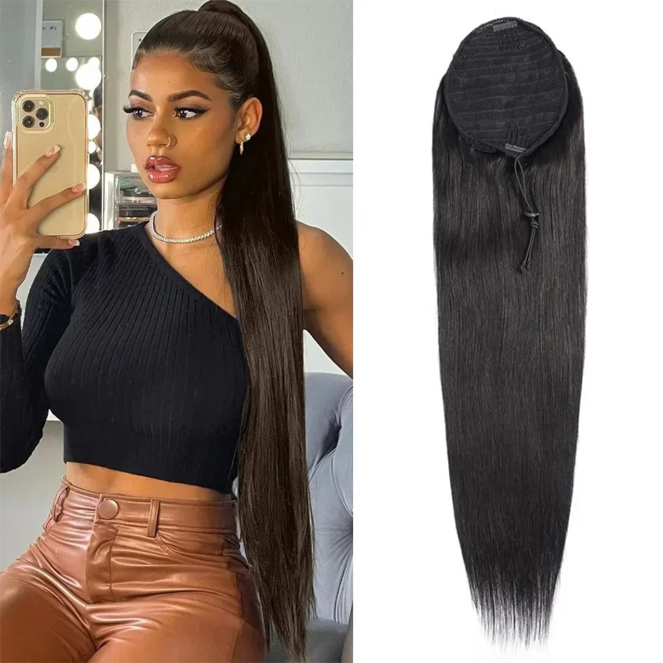 Drawstring Ponytail Straight Remy Human Hair Brazilian Hair Ponytail With Clips 1 Piece Natural Black 16-26 Inch Women Hairpiece_voghion.com