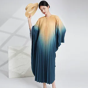 2025 Spring Summer Collection Women's Fashion Printed Gradient Pleated Dress Plus Size Loose Dolman Sleeve Elegant Dress