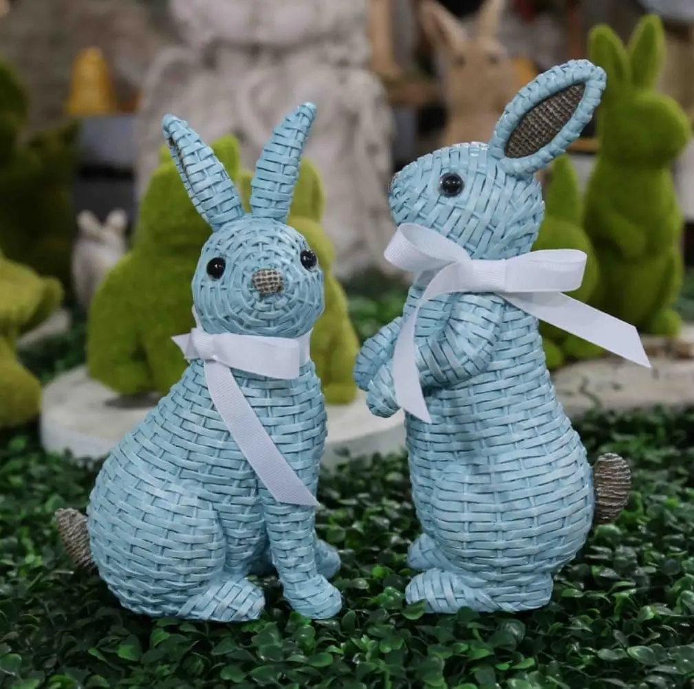 2024 New Easter Resin Rattan Wicker Bunnies Statue Rabbit Ornaments