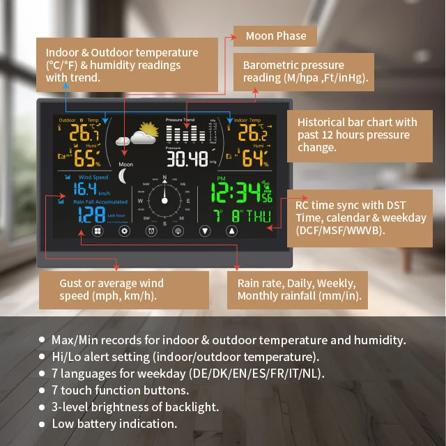 Digital Multifunctional Weather Station with Wind and Rain High Arruracy Date Logger Temperature Weather Forecast Station