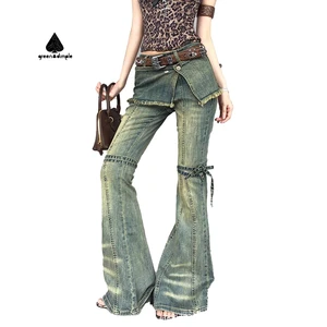Jeans Manufacturer Faldas De Jeans Layered Skirt Pantalon Femme Women Washed Vintage Women's Flare Jeans Pants for Ladies