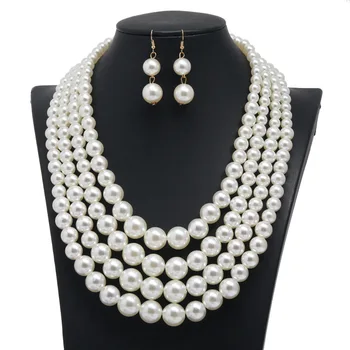 Wholesale Blue Multi Layer Faux Pearl Strand Costume Handcraft Jewelry Set for wedding jewelry