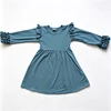 Dusty Blue Solid Multi Ruffle Long Sleeve Girls Dress