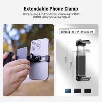 NEEWER Bluetooth Side Handle Shutter Release with 2.2"-3.2"/55-82mm 360 Phone Clamp & SSD Holder, Cold Shoes, 100mAh detail image
