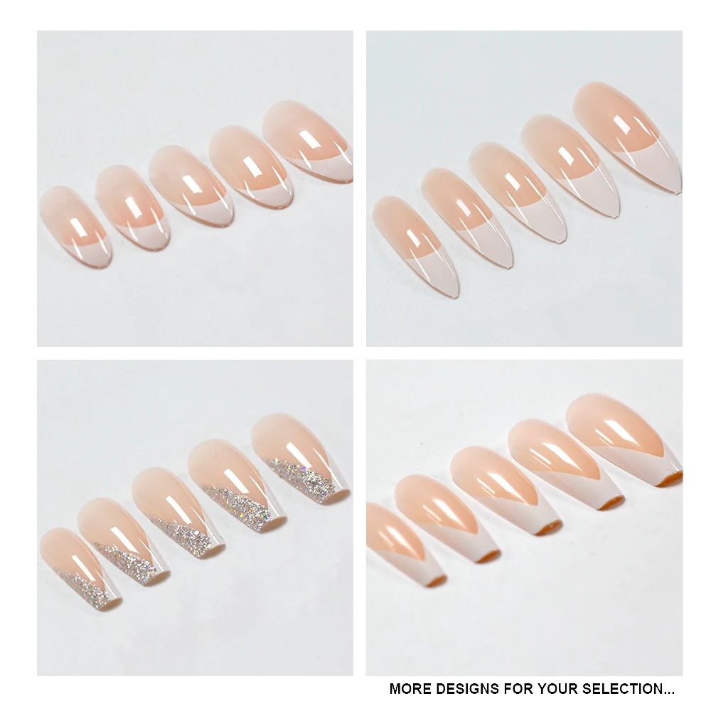 Artificial French Nails White V Shape Long Coffin Fale Nails Long Press on Nails Ballerina-Fake-24pcs Nude-Faux-Ongles