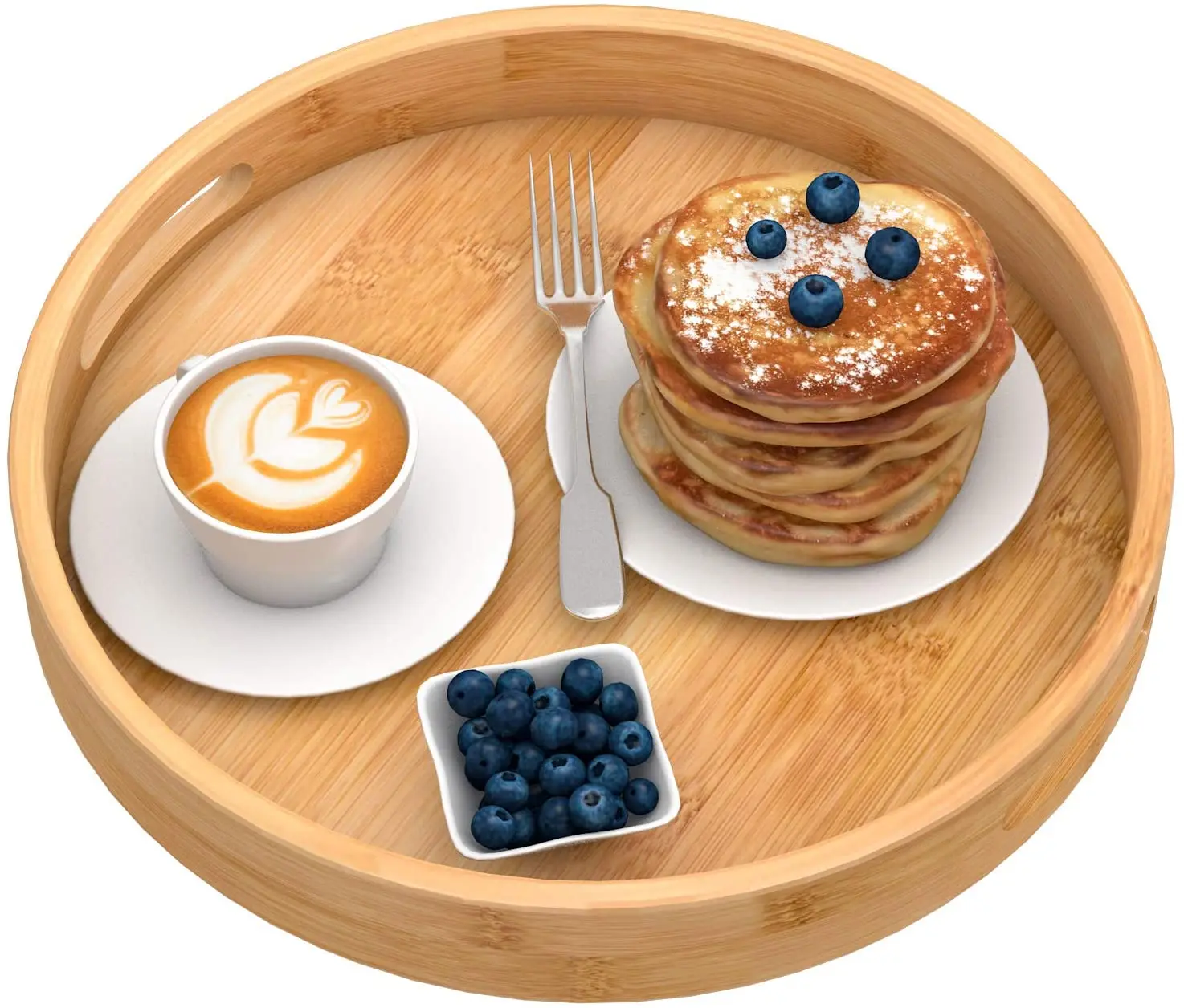 High quality china custom round wood crafts food serving tray wooden floating bamboo service rolling tray with handles for tea