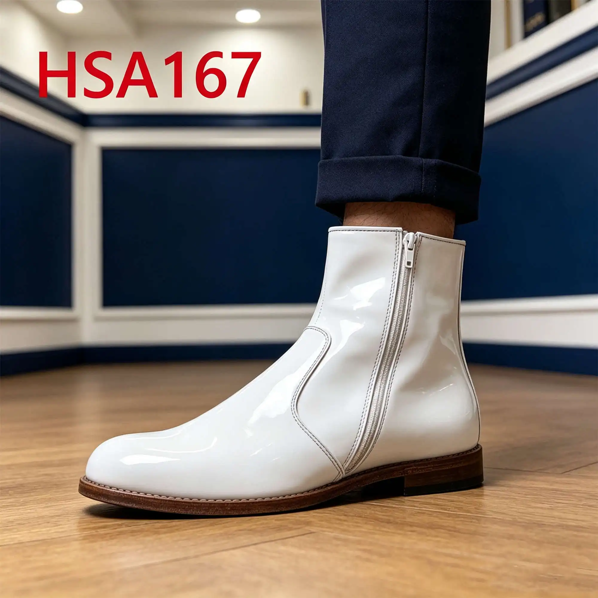 ZYF,classic White Shining Full Grain Leather Business Work Shoes Brunei Popular Middle Cut Uniform Shoes with Side Zipper HSA167
