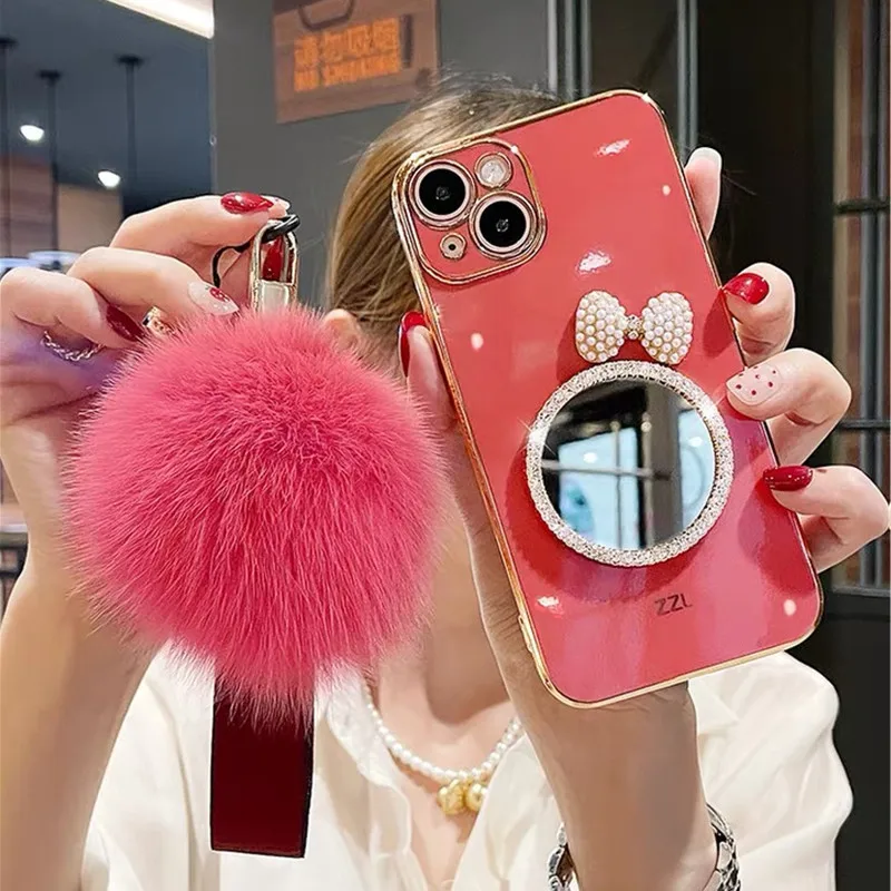 Fashion Luxury Bow Rhinestones Mirror Back Cover Plating Tpu Fur Ball