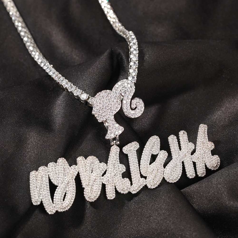 Lovely Girl Head Hook Double Layer CZ Letter Name Pendants Custom