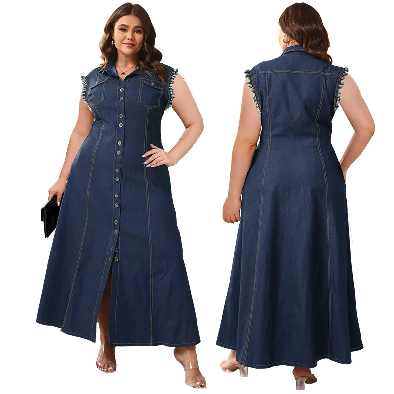 BR4328 Women Plus Size Button Cardigan Denim Long Dress