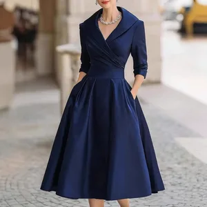 Autumn Fashion Solid High Waist Pocket A-Line Prom Dresses Vestido Ladies Clothes Long Sleeve Lapel Draped Slim Women Dress