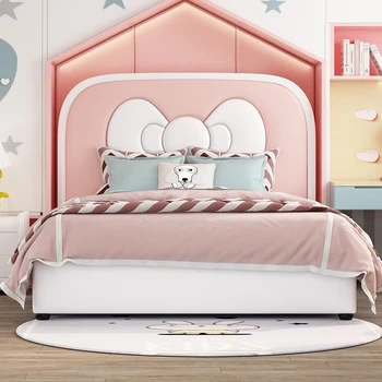 ベッド　ピンク　bonquh  高級　子供用 モダンなシングルベッド木製フレームレザーヘッドボードかわいい