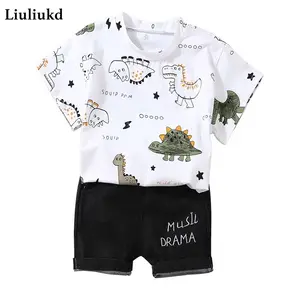 Liuliukd Summer Fashion Boutique Boy Clothing Cute Boy Cartoon Dinosaur Printed Short-sleeved T-shirt Casual Shorts Suit