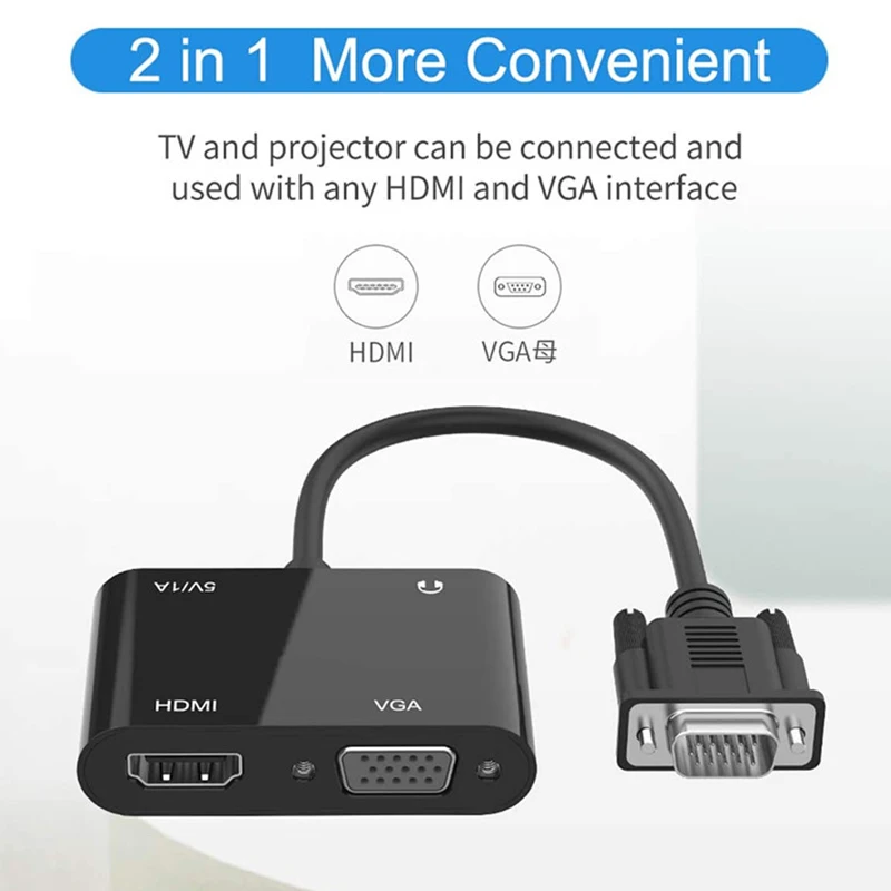 2 in 1 VGA to HDMI Cable Adapter with 3.5MM Audio Support