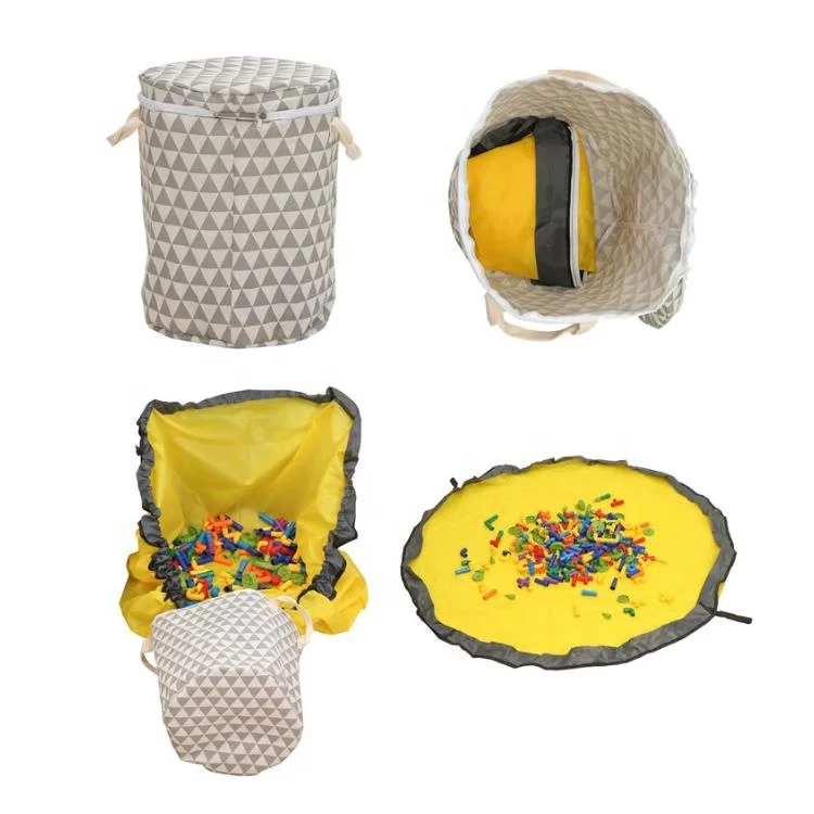 12inch Grey Toy Storage Basket And 57inch Golden Play Mat Cleanup