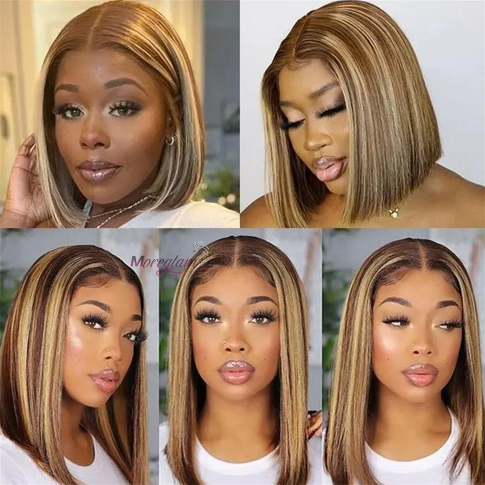 Perruque Bob en cheveux humains raides 13x4 avec dentelle frontale brésilienne courte ombrée_voghion.com