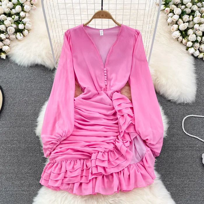 YM220 - New 2023 Korean Chic Irregular Length Ruffles Dress