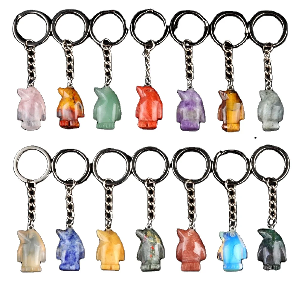 Crystal Stone Penguin Figurines Keychain Natural Gemstone Carved Animal Reiki Healing Stones Crafts Key Ring for Women Girl Gift