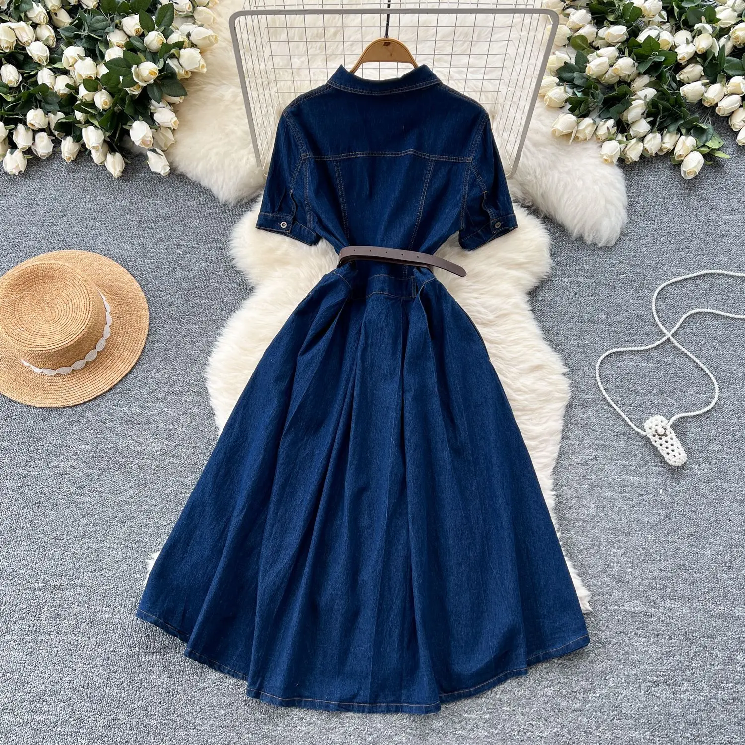 Women's Vintage Summer Midi Dress Turn-Down Collar Tunic Shirt Xs Breathable Sustainable Empire Denim Washable Casual Elegant