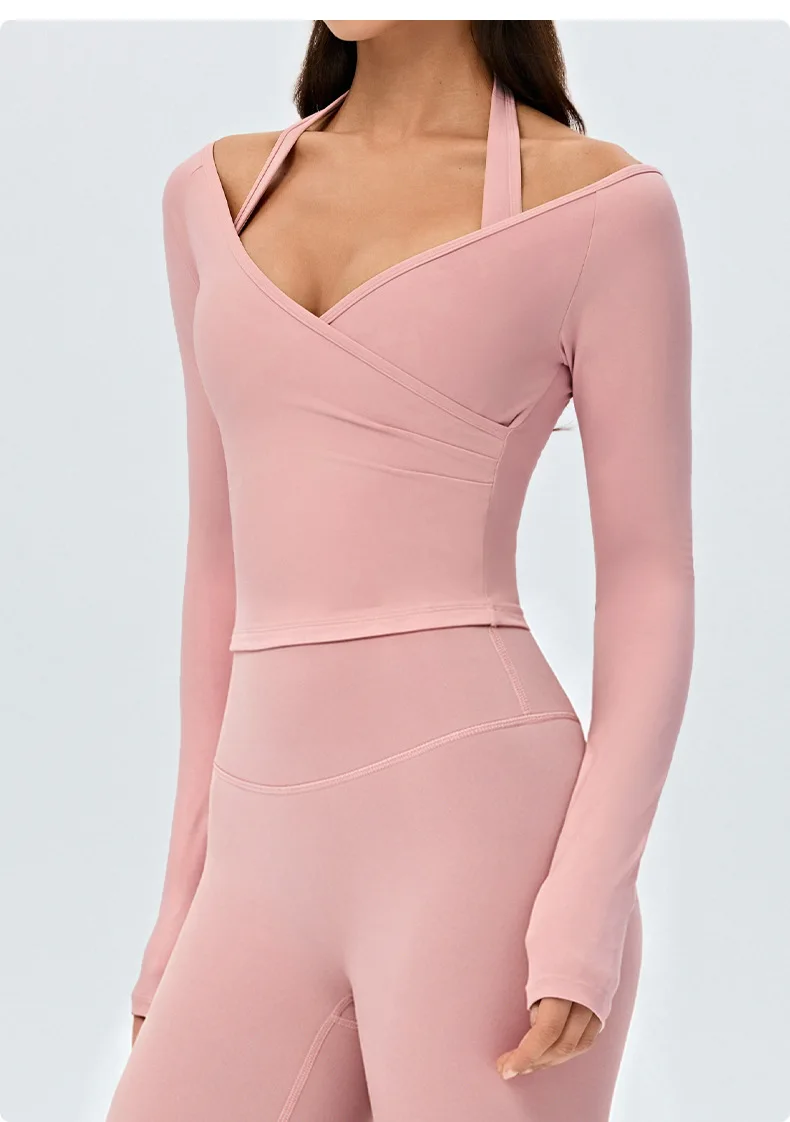Women's Long Sleeve Yoga Cross Pleated V Neck Crop Shirt Four Way Stretch Quick Dry Pilates Workout Wear — detail