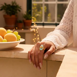 MW Women's 18K Gold-Plated Stainless Steel Blue Starfish Fashion Ring in Ocean Vacation Style Adjustable Opening Ring