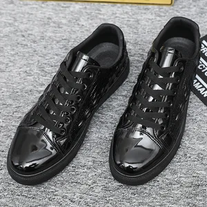 Men's Casual Shoes All-match Trendy Sneakers PU Upper Plastic Outsole Shiny Pure Black Work Board Shoes