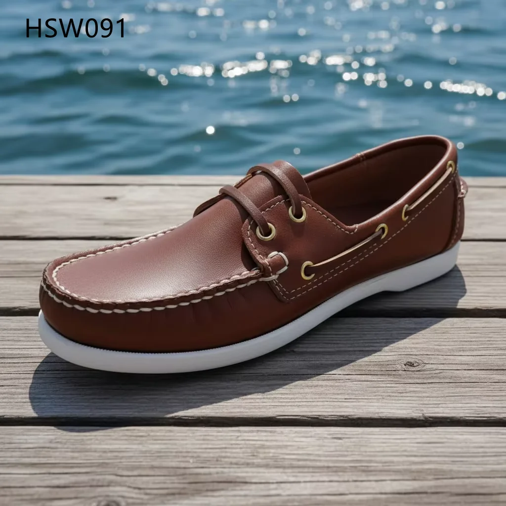 HY, Zapatos marrones tipo penny para caminar en puertos, con costura experta, fabricados en fábrica europea para venta al por mayor; zapatos náuticos de cuero vacuno con estilo de máscara HSW091