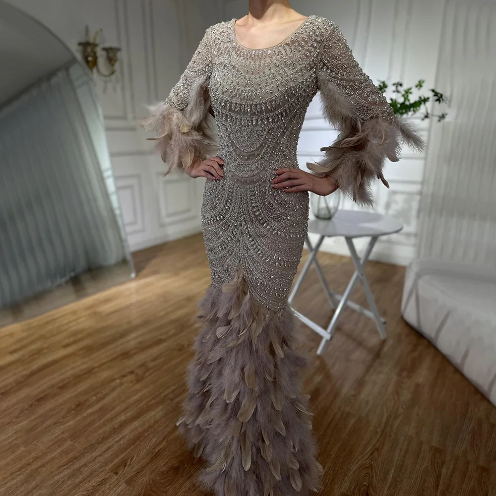 Wholesale 2024 Nude audi Arabic Evening Gowns With Beaded Feathers Dresses for Formal Occasion Long leeve Evening Dresses 2014 Long Evening gown