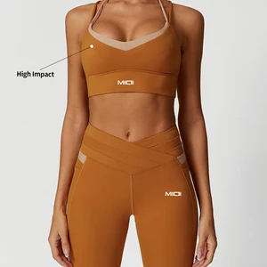 Custom Style Nylon V Shape Gym Top 2 Pcs Push up Sports Bra Cross Waisted Fitness Leggings Yoga Sets