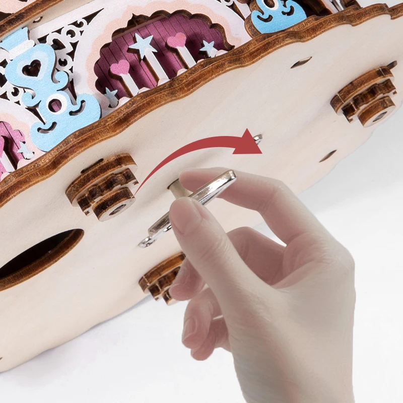 Interaktives 3D-Puzzle für Kinder, Puzzlespiel mit Bausteinen, pädagogisches DIY-Geburtstagskuchen-Musikdöschen, Holz-Musikdöschen mit Handkurbel, Geschenke