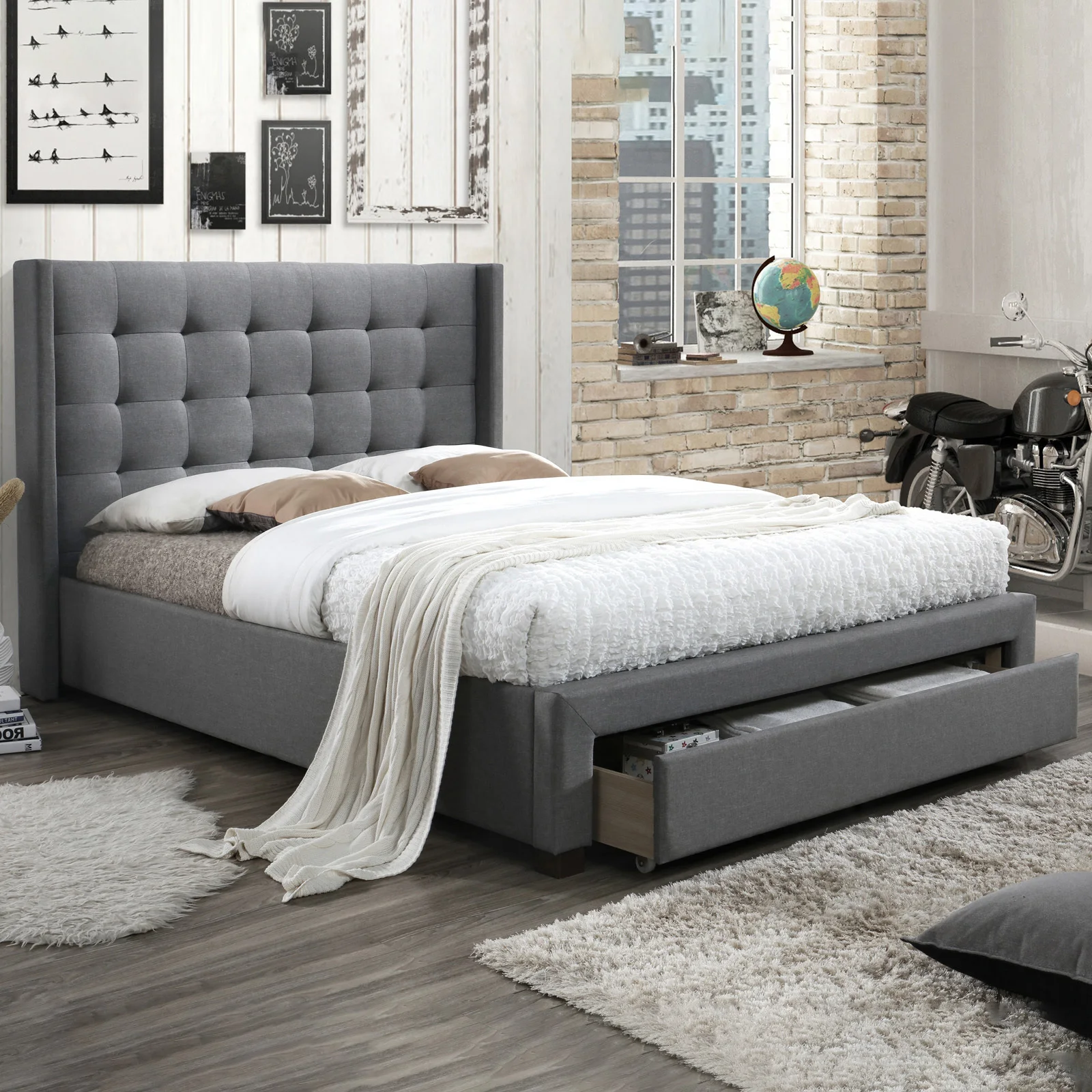 LVL Slats Storage Bed Frames With Drawer on the Footend and Button Tufted Design Bed Head Queen Size Low Price
