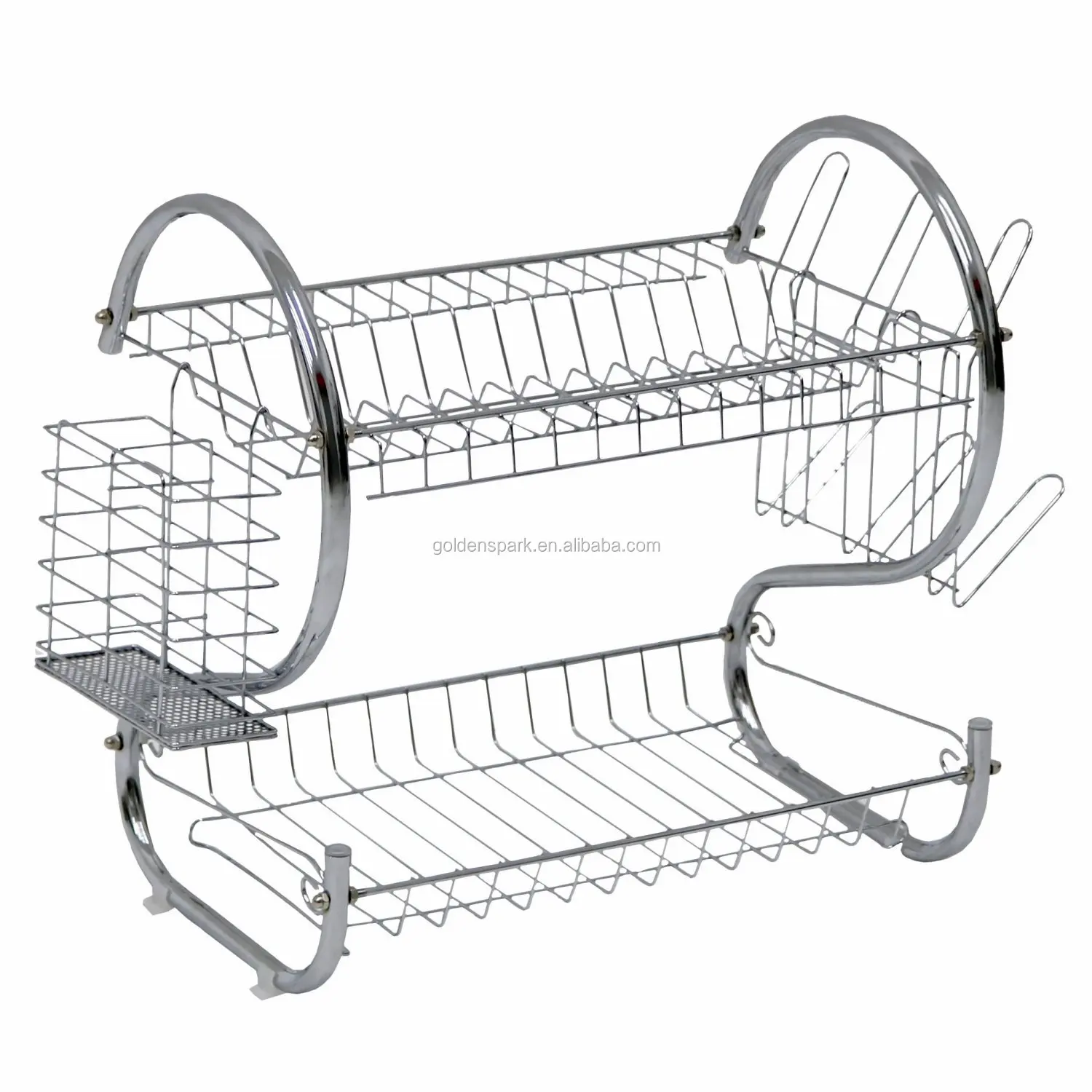 New 2 Tier S-Type Chrome Cutlery Dish Plates Cup Drainer Drip Tray Rack Holder 