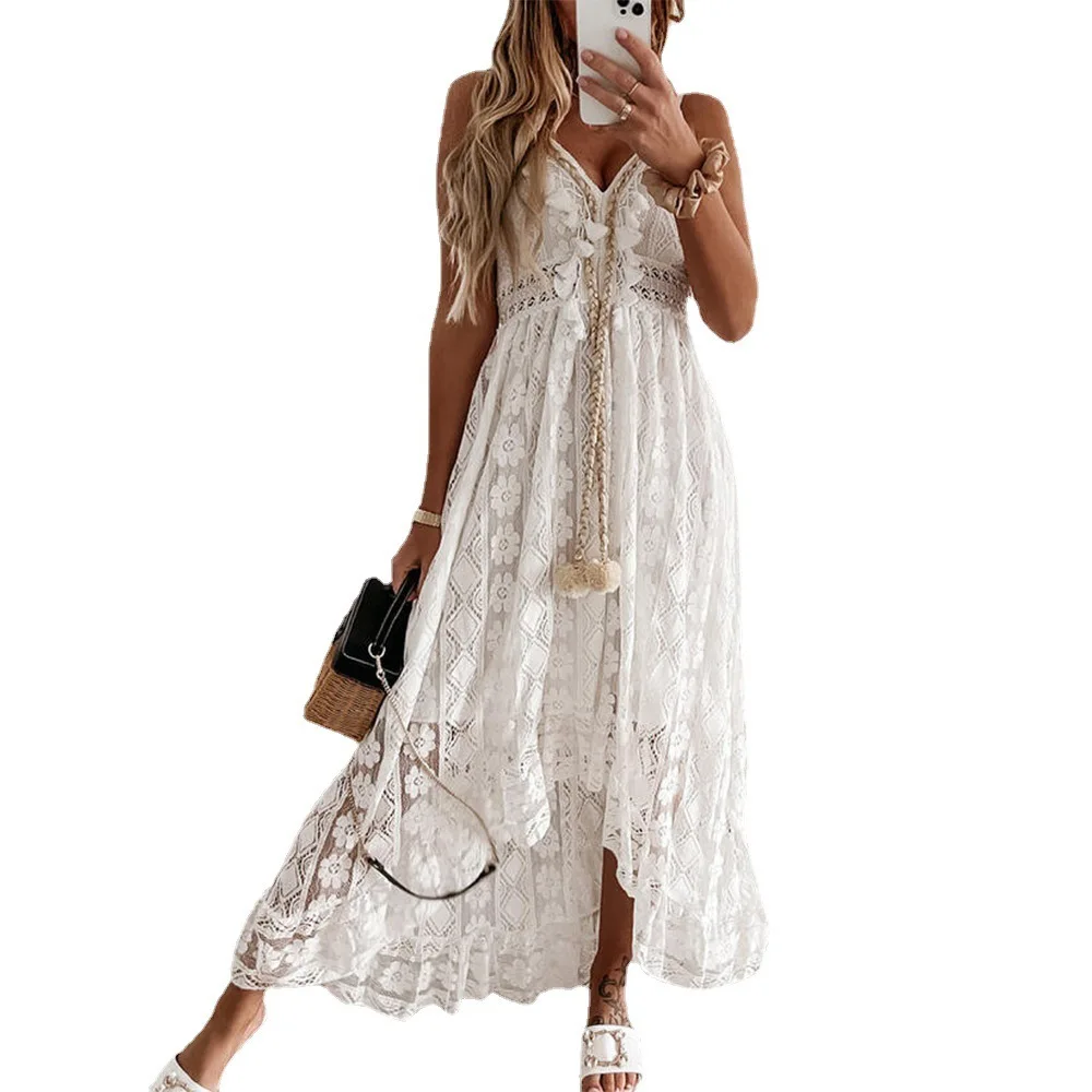 2024 Summer New Boho Sexy Maxi Dresses Sundress Plus Size Slip White Lace  Dress Women Elegant