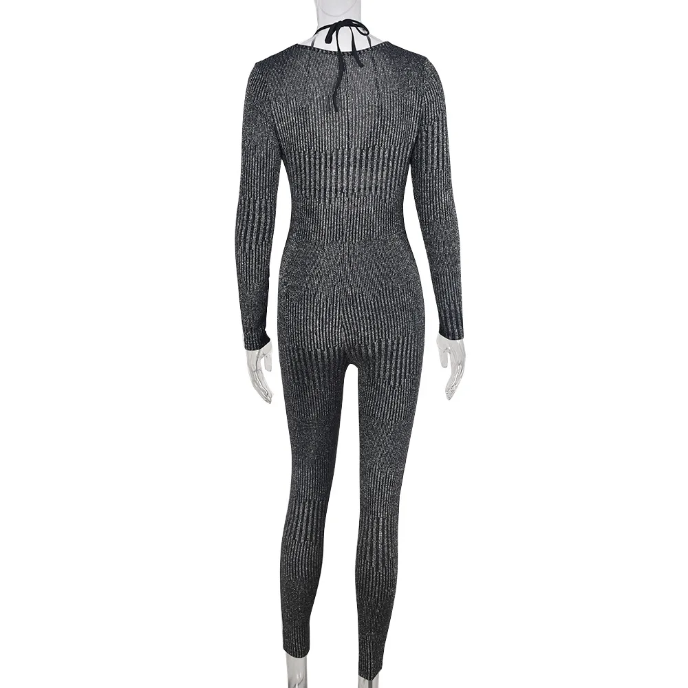 Wholesale Long Sleeve Black Bodycon Jumpsuits Hollow Out One Piece